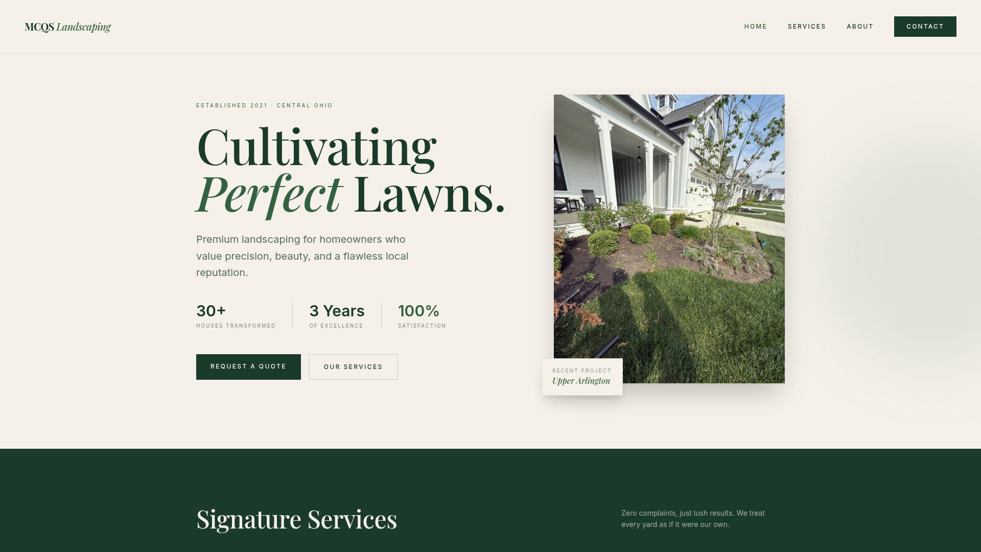 MCQS Landscaping website — homepage hero